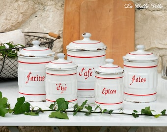 5 vintage French enamel canisters - 1940s white and red kitchen storage pots - Coffee, flour, pasta, tea and spices - Kitchen decor