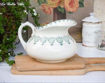 Antique French ironstone pitcher with green transferware - Vintage white water jug with escutcheon pattern - Old 1900s decor - Country home