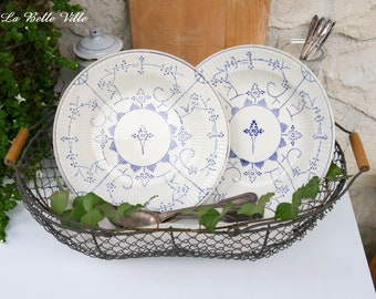 2 vintage transferware soup plates -  Set of 2 ironstone serving bowls - Boch blue Copenhagen pattern - 1920s off-white tableware