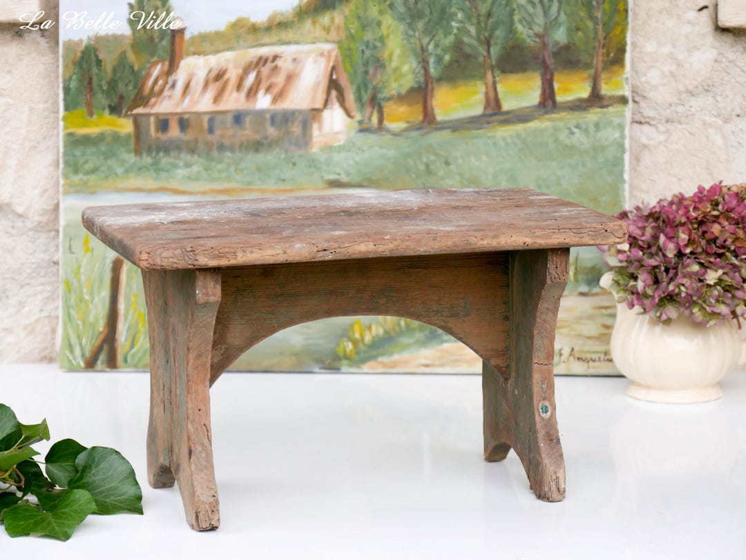 Antique French Wooden Footstool - Rustic Farmhouse Stool - Primitive ...