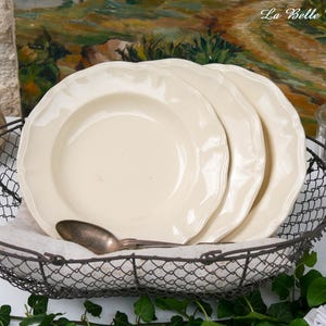3 pratos de sopa franceses vintage - Conjunto de 3 tigelas de servir creme Sarreguemines com borda recortada - Prato de servir da década de 1910 - Louça para creme - Talheres para servir