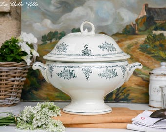 Antik fransk soppterrin - Vintage Saint-Amand 4010 serveringsskål från Frankrike - Blommig transferware järnstensterrin med lock - Soupiere
