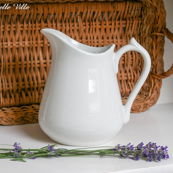 Vintage French white water jug - Sarreguemines ceramic pitcher - Medium size porcelain pitcher