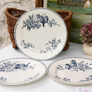 Può includere: Tre piatti in ceramica bianco sporco con un motivo di uccelli e fiori blu. I piatti hanno un bordo blu decorativo. I piatti sono disposti su una superficie bianca. Parte di un set di stoviglie vintage.