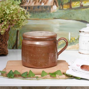 Peut inclure: Une tasse en céramique marron avec une anse est posée sur une planche à découper en bois. La tasse a un aspect rustique et vieilli. Un panier de fleurs et une peinture sont en arrière-plan. La tasse est probablement pour la cuisine ou la décoration intérieure.