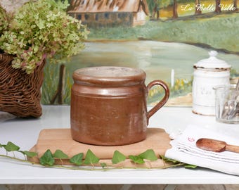Large brown vintage French mug - Old glazed pottery pot with handle - Stoneware confit pot - Rustic farmhouse ceramic cup - Kitchen decor