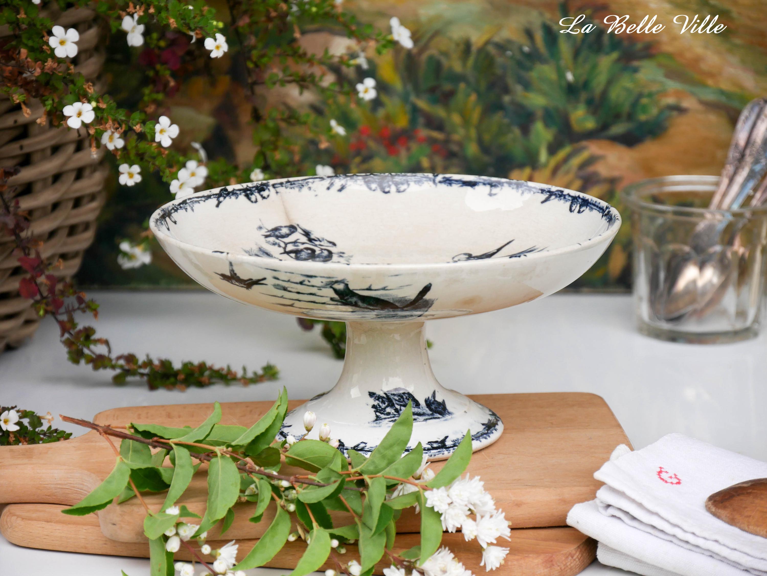 Vintage French compote dish - Antique footed cake stand with blue bird pattern decor - Choisy-le-Roi Boulenger pedestal serving dish