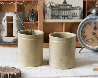 2 antique French stoneware preserve jars - Set of 2 vintage jam or mustard crocks from France - Small storage or preserving glazed pots