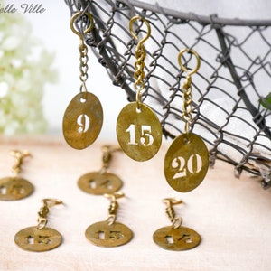 Vintage French brass number tag with key chain - Industrial metal sign plate - Hotel room number- Token 35,36,38,41,45,47,49,50,53,54 or 58