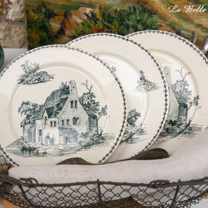 3 platos llanos vintage Creil et Montereau Polder - Loza francesa antigua de transferencia azul - Vajilla de piedra de hierro blanco cremoso de la década de 1900 - Platos de pared