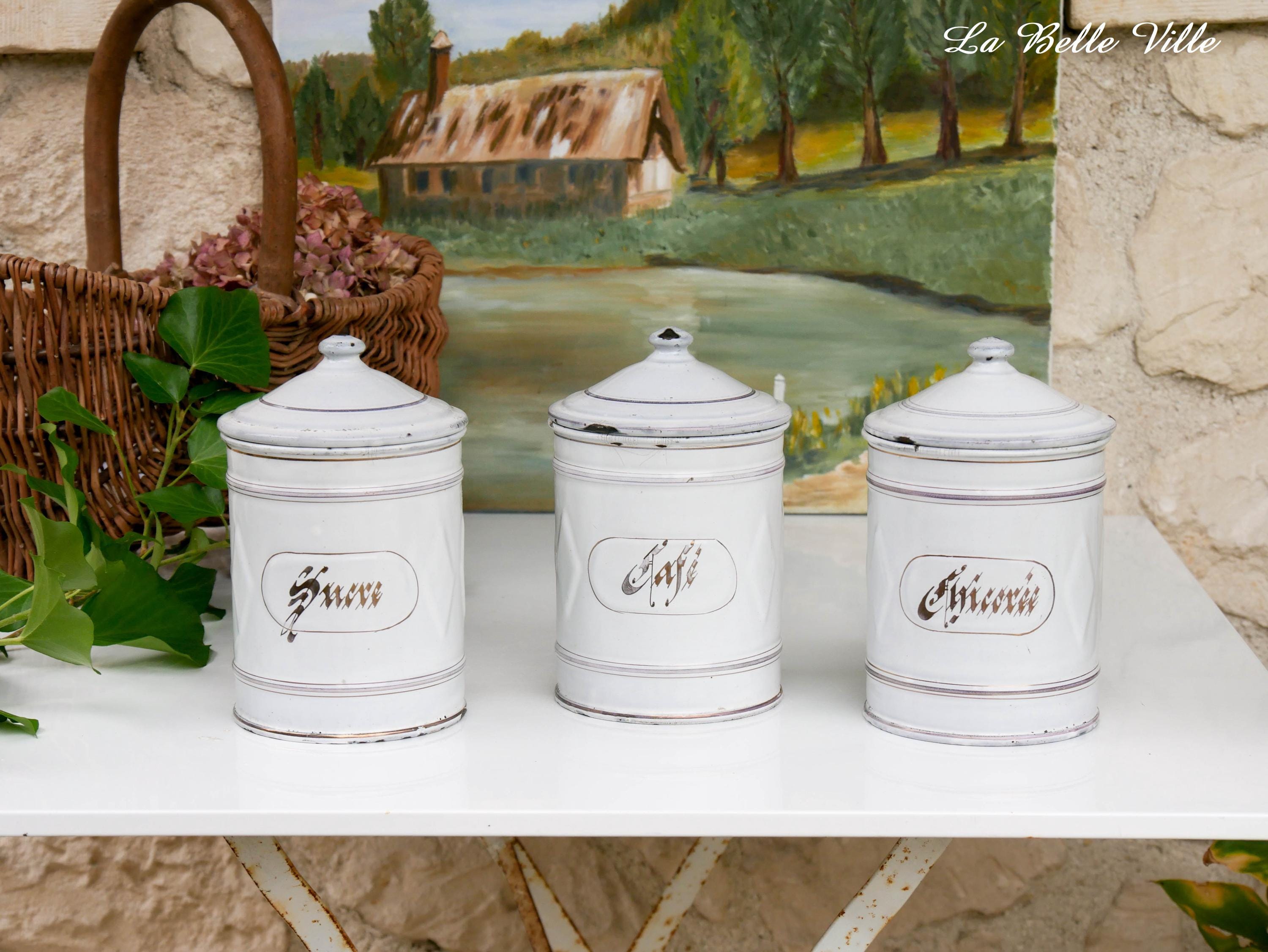 Vintage French Enamel Canisters - Etsy