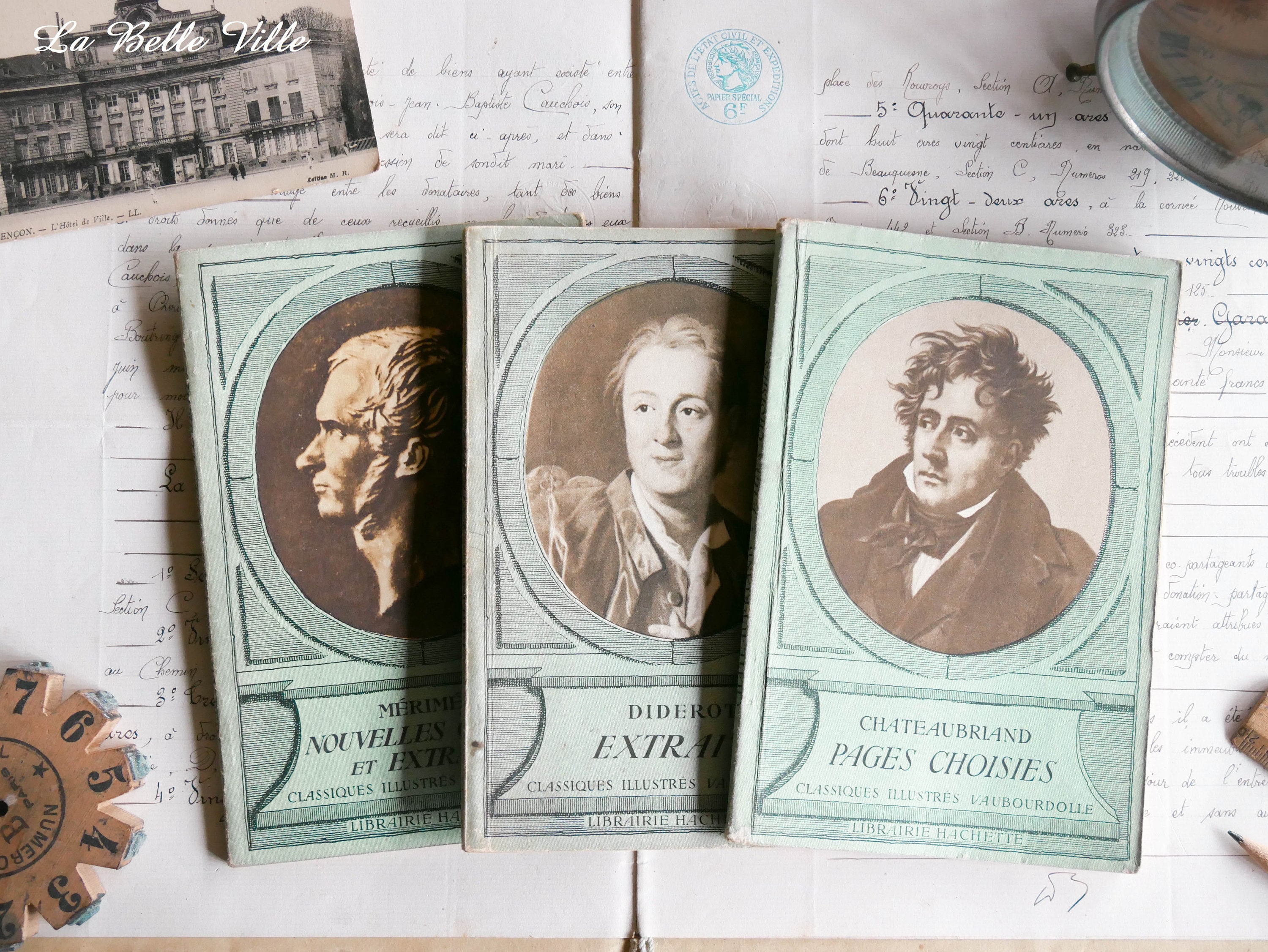 Set of 3 vintage French literature books - 1930s Classiques Hachette Paris - Merimee Chateaubriand Diderot - Antique novels- Blue home decor