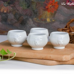 4 mini-bols à soupe vintage français à anses en forme de tête de lion, pots classiques en céramique blanche, bol à soupe à l'oignon sur pied, petit bol sur pied, style bistro