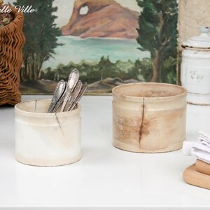 2 antique French ironstone crocks - Creil et Montereau France jam jars - Off-white and tea-stained preserve pots - Farmhouse kitchen