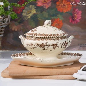 Antique french lidded gravy boat -  Boulenger bird pattern ironstone sauce boat - Vintage brown transferware sauciere - Fall kitchen decor