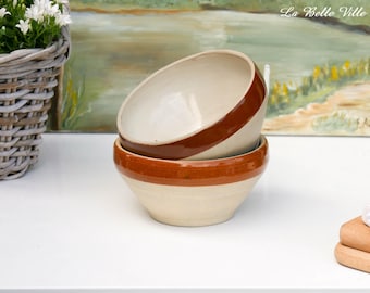 Vintage French Stoneware Bowls Set of 2 - Minimalist Ceramic Serving Bowls - Rustic Farmhouse Kitchen Decor - Brown beige pottery