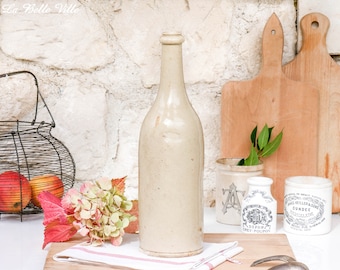 Antique French stoneware bottle - Vintage glazed pottery cider bottle with embossed stamp - E. Pajot - Beige rustic farmhouse kitchen decor