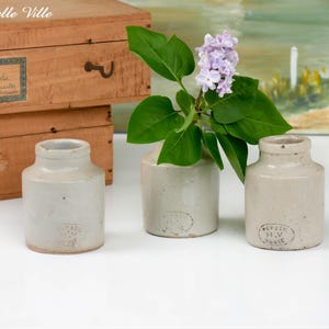 Antique French Stoneware Pots (Set of 3) – Small H.V. Paris Vintage Preserve & Mustard Crocks - Rustic kitchen decor