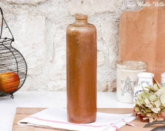 Vintage French brown stoneware bottle - Old glazed pottery storage pot - Heavy vase - Rustic farmhouse kitchen decor