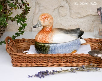 Vintage French duck terrine dish - Glazed ceramic duck casserole dish - Pate tureen by Michel Caugant - Faience lidded dish