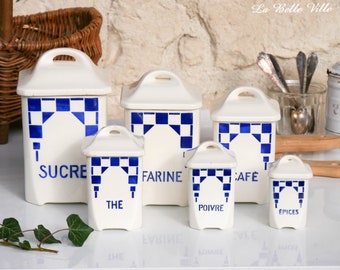 6 vintage French kitchen canisters - 1920s Badonviller ironstone spice jars from France - Set of 6 - Sugar, flour, coffee - Kitchen decor