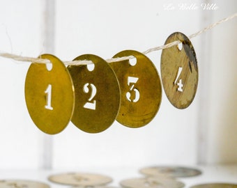 Vintage French brass number tag - One antique round metal brass sign plate - Hotel room number - Token 7 or 8