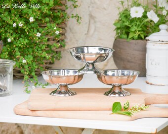 3 vintage French metal footed ice cream bowls – 3 stainless steel pedestal cups – Guy Degrenne dessert bowls - Serving dish - Dinnerware