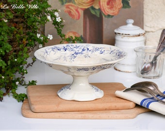 plat à compote français vintage - Support à gâteau sur pied antique avec décor d'oiseaux bleus - Plat de service sur piédestal Creil - Bol à fruits floral - Plateau