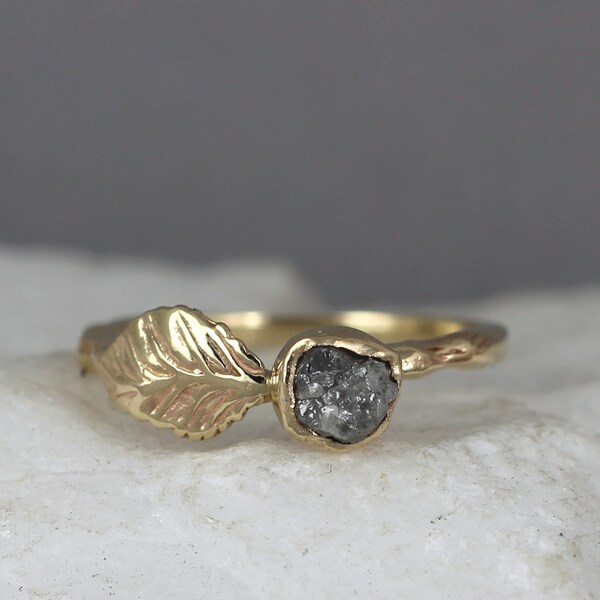 Raw Diamond Twig & Leaf Engagement Ring - 14K Yellow Gold Branch Ring - Uncut Rough Diamond Rings - Tree Branch Wedding Ring -Made in Canada