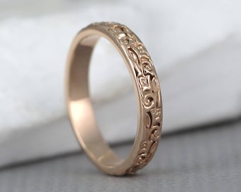 14K Rose Gold Wedding Band - Design Band - Stacking Ring - Pattern Wedding Band - Pink Gold Wedding Band