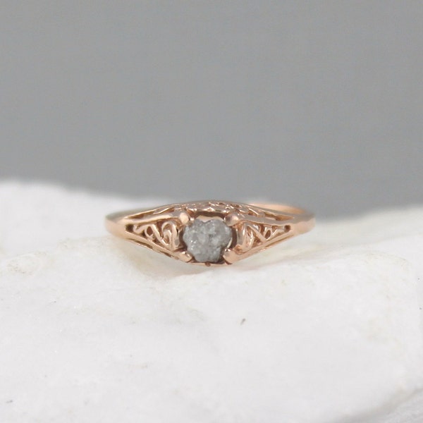 Rose Gold Raw Diamond Engagement Ring - Antique Filigree Style - 14K Pink Gold - Uncut Diamond - Conflict Free Diamonds - Made in Canada