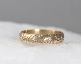 Vigne & 14 K jaune, Alliance or - Design Band - Stacking Ring - Floral motif bande de mariage - Alliance or jaune