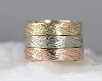 Hammered Bark Texture 4mm 14K Gold Wedding Band - Pink Yellow or White Gold  - Mens Band - Commitment Rings - Mens Wedding Ring
