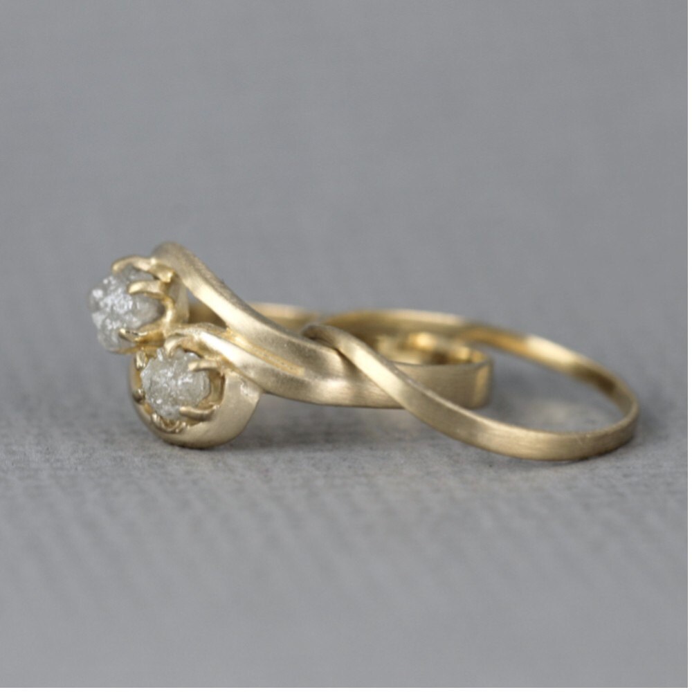Two Stone Raw Diamond Engagement Ring & Wedding Band Set 2 Etsy