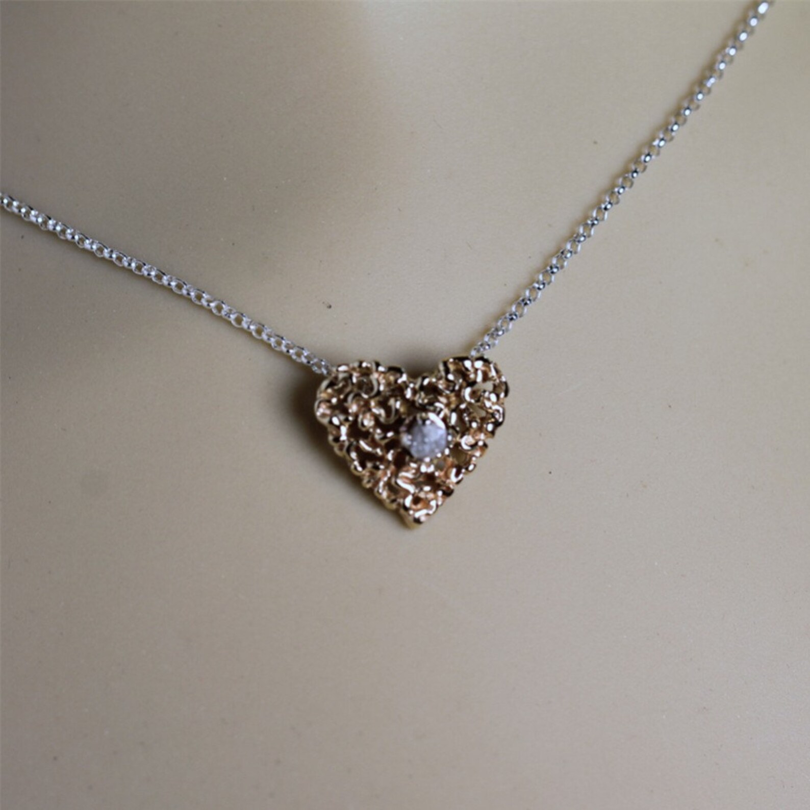 Heart Necklace Raw Diamond Heart Pendant 14K Yellow Gold & Etsy