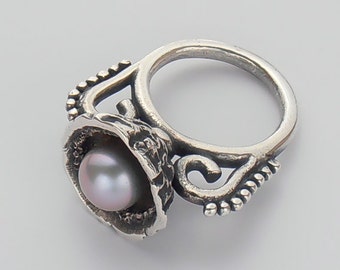 Gray Pearl Ring, Bird’s Nest Ring, Pure Silver Jewelry, Eco-Friendly Jewelry for Women