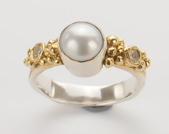 Pearl Engagement Band - Pearl Ring With 24K Gold - June Birthstone Ring - Pearl Wedding Ring - Pearl Ring