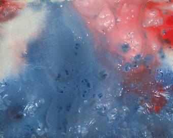 May include: Abstract painting with a blue and red colour scheme. The blue paint is on the left side of the painting and the red paint is on the right side. The paint is splattered and textured, creating a dynamic and abstract effect.