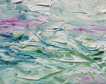 May include: Abstract painting with thick brushstrokes in shades of blue, green, white, and pink. The painting has a textured surface and a layered effect.