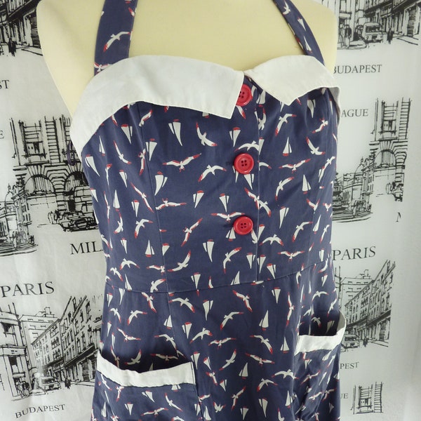 2000s does 50s RETRO Y2K neckholder summerdress 31w M seagulls ocean print red white blue