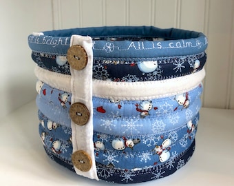 Blue Snowflake Quilted  Basket - Embroidered with 'All Is Calm, All is Bright.'