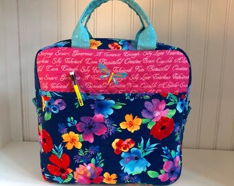 Quilted Dragonfly Tote - Blue Floral and Magenta Prints