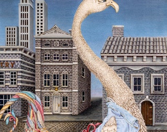 Limited Edition Print "Side Street", Colored Pencil Drawing of Imaginary Bird, Strolling down the street