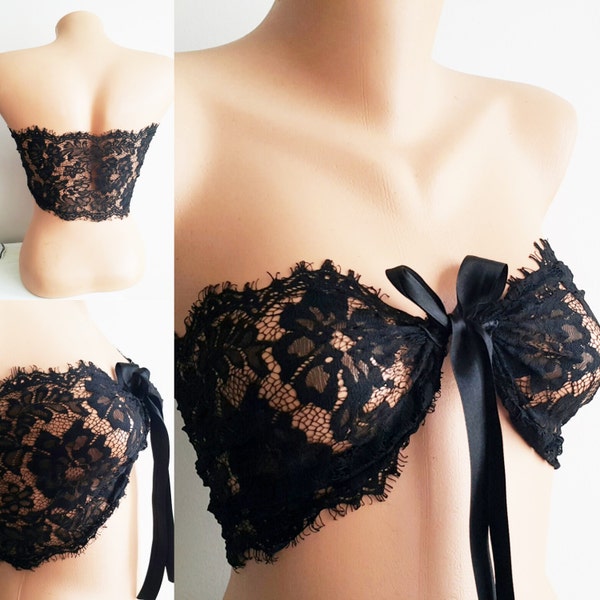 Black Lace Halter  Top Bustier, Beautiful Scalloped Edge Lace Design.  Sexy Top Fashion, Top Strapples Spandex, Elastic,