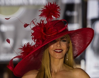 Derby large hat. Red hat. Oversize woman hat. Couture hat. Red hat. Kentucky Derby hat. CNN style pick! Royal Ascot hat Wedding, Fashion.