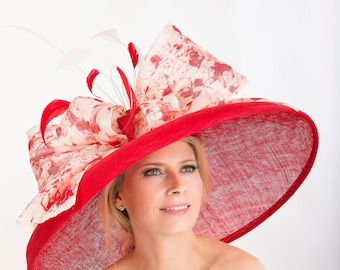 2019 spring collection. Kentucky Derby hat. Red hat. Large hat. Royal Ascot hat. Couture hat. Designer hat. Wedding hat. Derby hat. Fashion