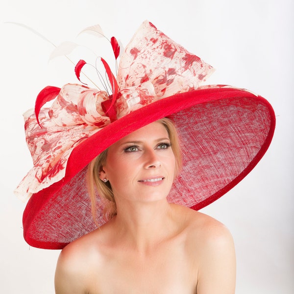 2019 spring collection. Kentucky Derby hat. Red hat. Large hat. Royal Ascot hat. Couture hat. Designer hat. Wedding hat. Derby hat. Fashion