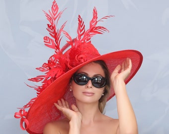 1 MORE AVAILABLE!Kentucky Derby hat, Royal Ascot hat. Derby hat. Preackness. OversizedHats. Horse race. Designer hat. Red hat