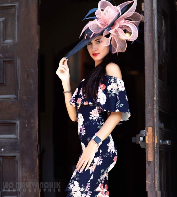 2019 Collection .Large Navy Pink Headpiece . Navy Hat. Pink Hat. Derby Hat. Kentucky Derby Hat. Couture Hat. Designer Hat. Royal Ascot.Dubai