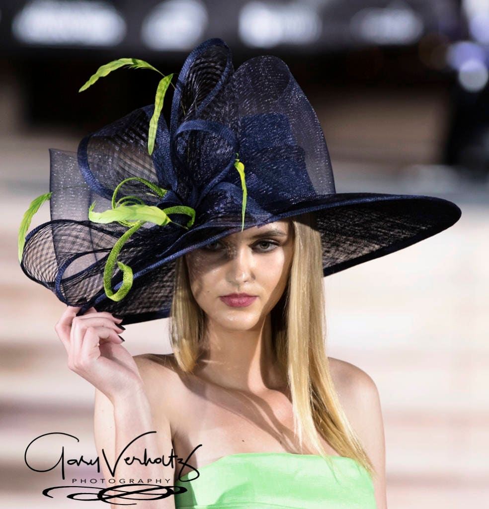 2017 collection.Navy Blue Wide Brim Hat! Fashion Hat, Derby Hat, Kentucky Derby Hat, Royal Ascot Hat, , Couture Hat, Breeders Cup Hat